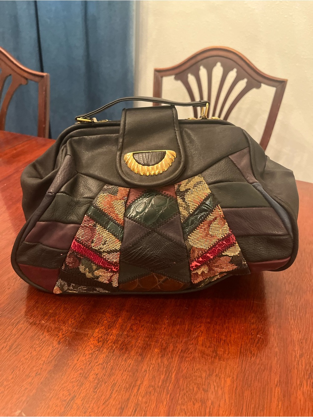 Leather Patchwork Satchel Handbag in Black